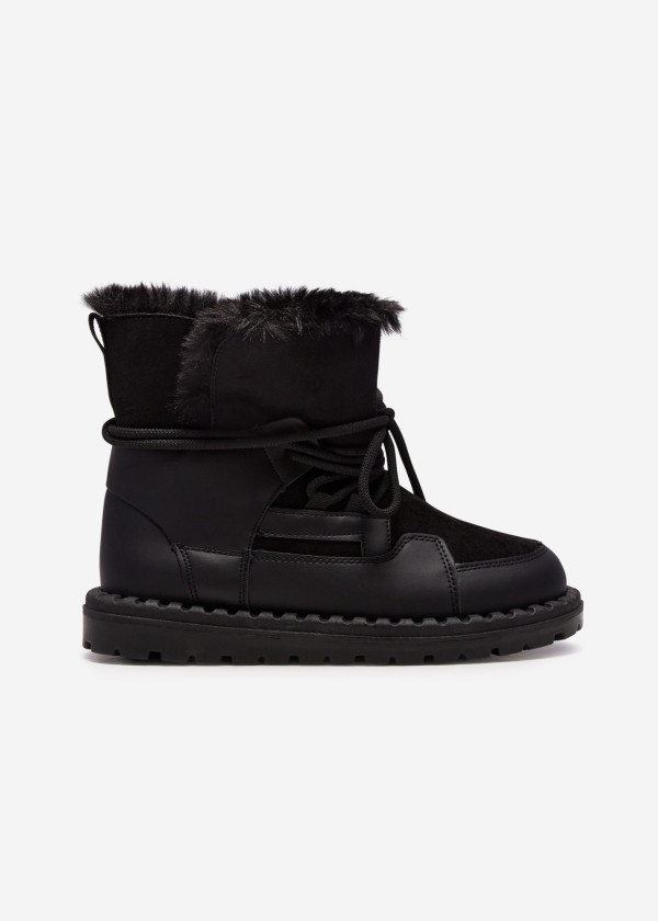 Black Cozy Winter Lace-Up Boots with Faux Fur Trim 3