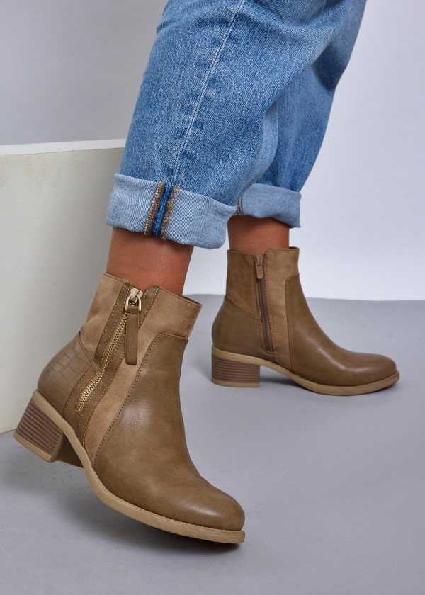 Khaki Chic Ankle Boots with Croc-Embossed Detail