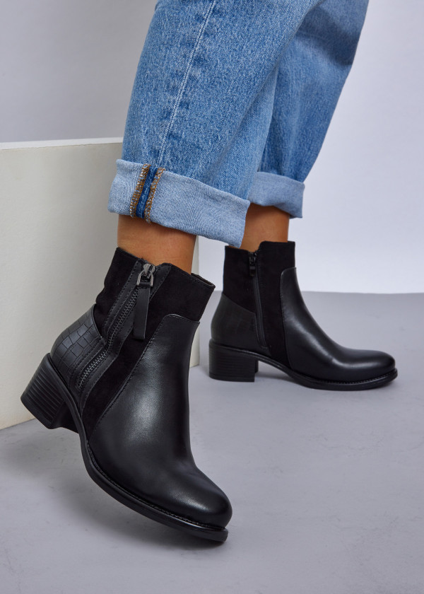 Black Chic Ankle Boots with Croc-Embossed Detail