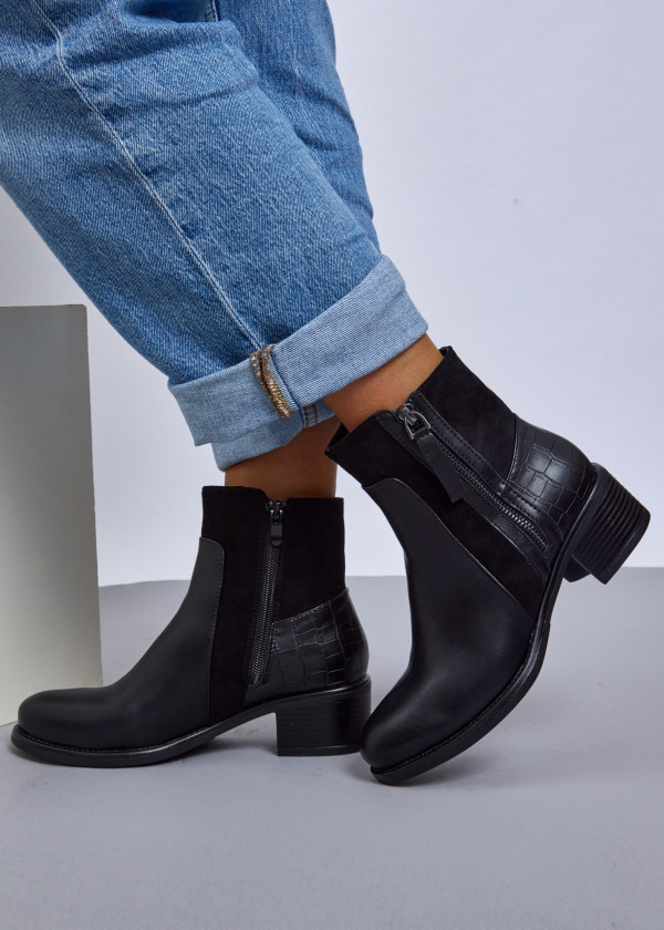 Black Chic Ankle Boots with Croc-Embossed Detail 1