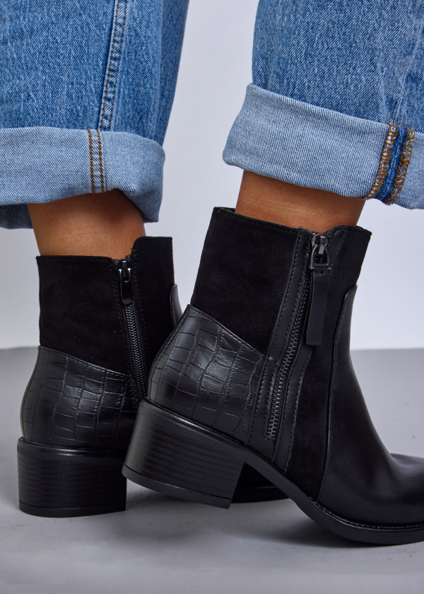 Black Chic Ankle Boots with Croc-Embossed Detail 2