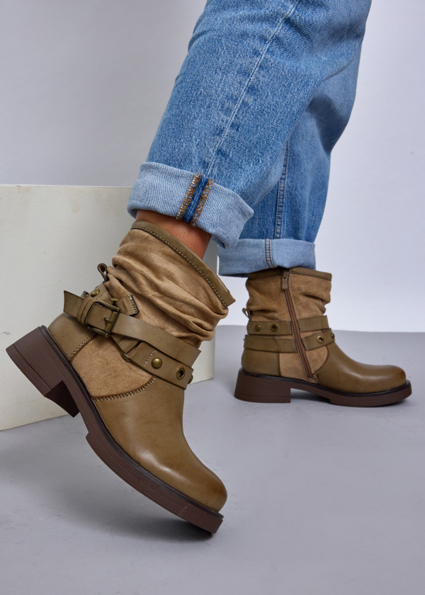 Khaki Vintage-Inspired Slouchy Ankle Boots with Strap Detail 4