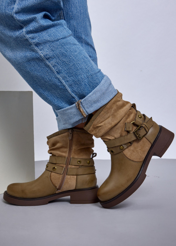 Khaki Vintage-Inspired Slouchy Ankle Boots with Strap Detail 1