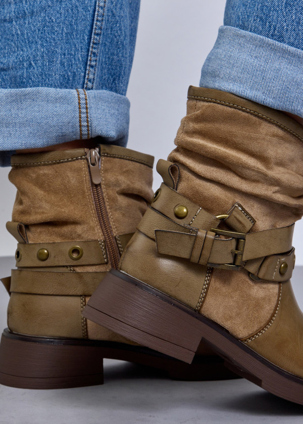 Khaki Vintage-Inspired Slouchy Ankle Boots with Strap Detail 2