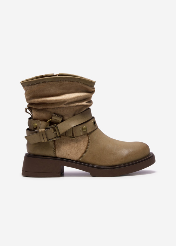 Khaki Vintage-Inspired Slouchy Ankle Boots with Strap Detail 3