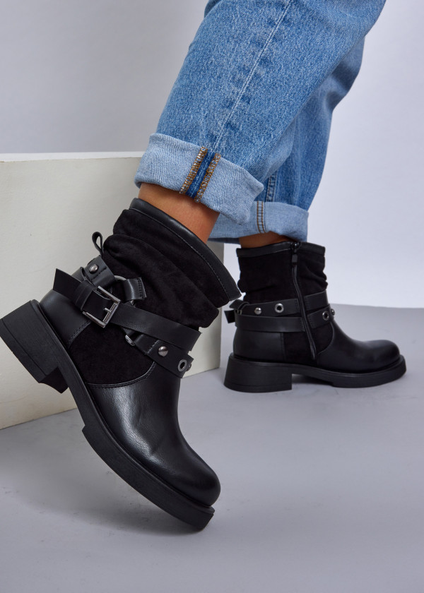 Black Vintage-Inspired Slouchy Ankle Boots with Strap Detail 4