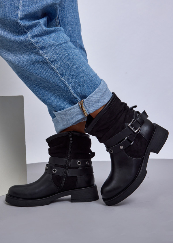 Black Vintage-Inspired Slouchy Ankle Boots with Strap Detail 1