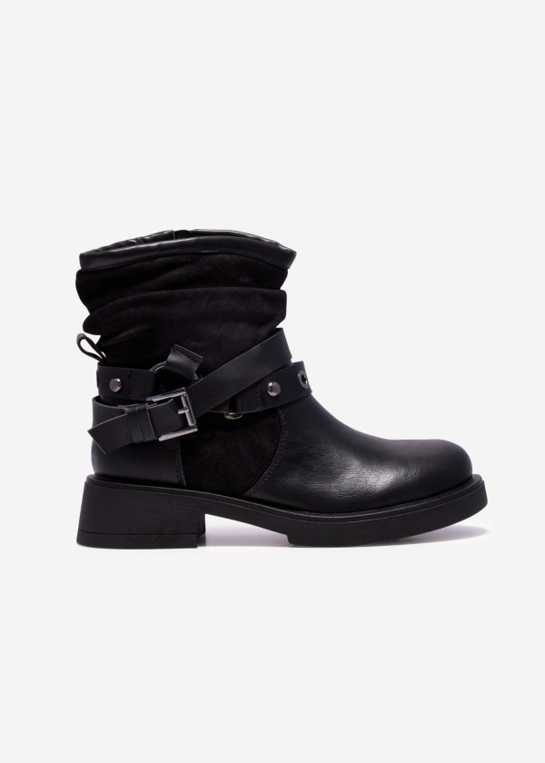 Black Vintage-Inspired Slouchy Ankle Boots with Strap Detail 3