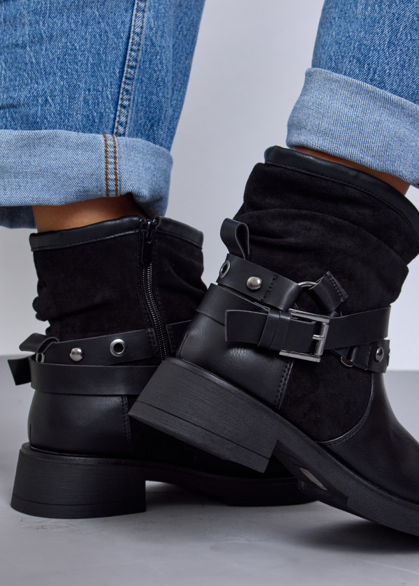 Black Vintage-Inspired Slouchy Ankle Boots with Strap Detail 2