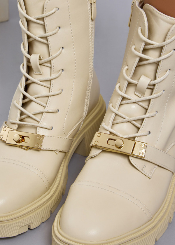 Beige lace up combat boots with front buckle detail 2