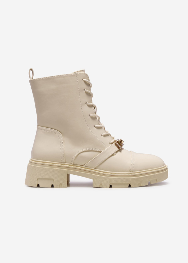 Beige lace up combat boots with front buckle detail 3