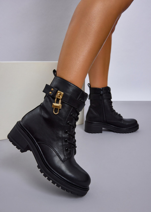 Black Combat Boots with Gold Lock Detail 1