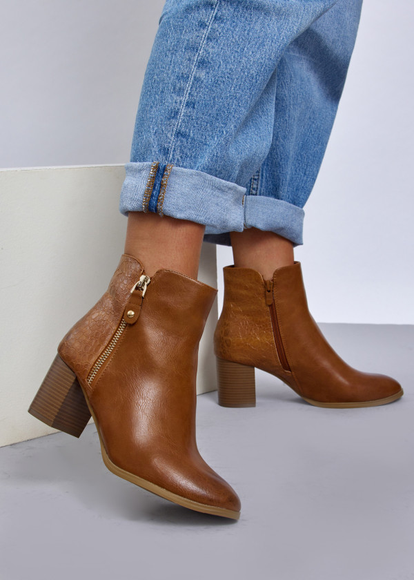 Tan Textured Ankle Boots with Block Heel 4