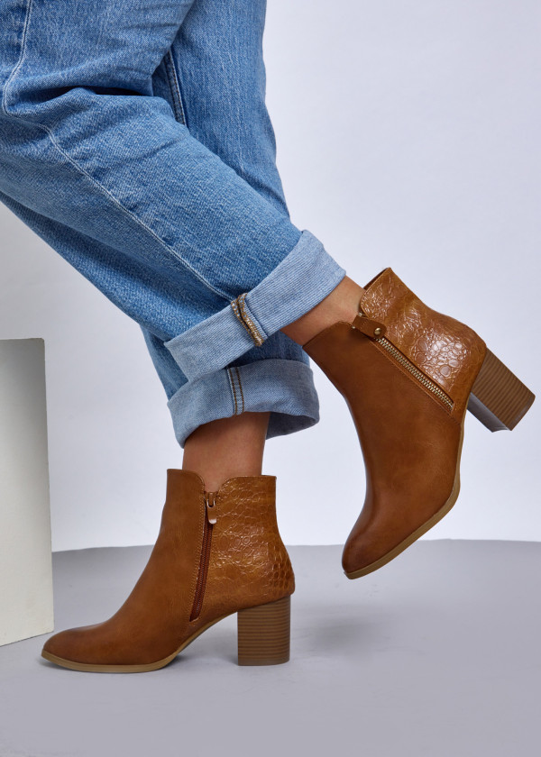 Tan Textured Ankle Boots with Block Heel 1