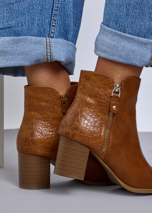 Tan Textured Ankle Boots with Block Heel 2