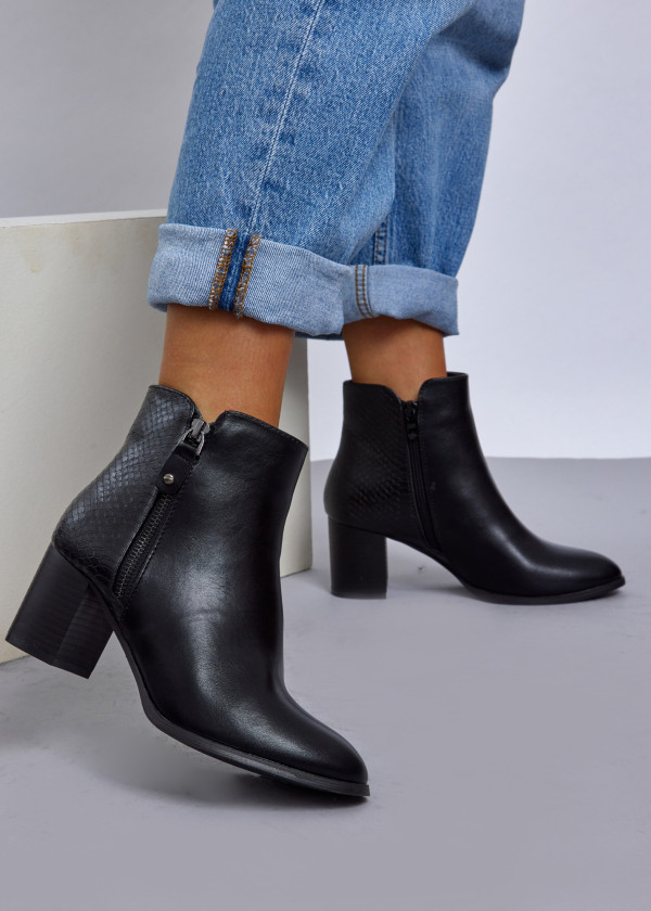 Black Textured Ankle Boots with Block Heel