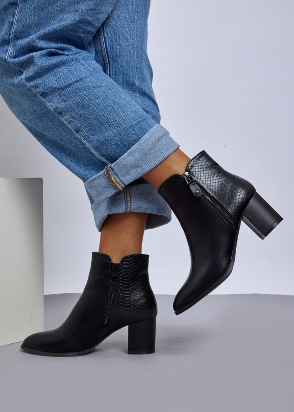 Black Textured Ankle Boots with Block Heel 1