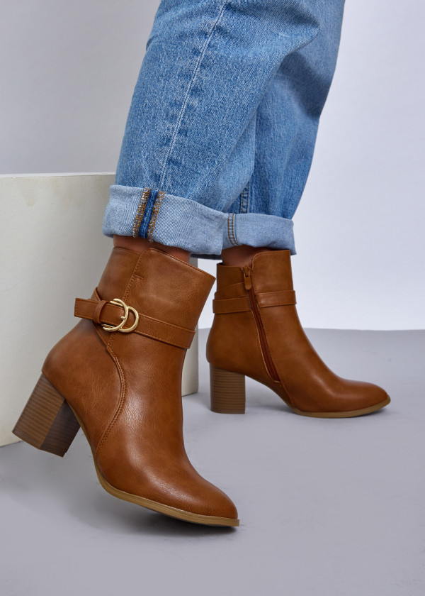 Tan Ankle Boots with Gold Buckle Detail