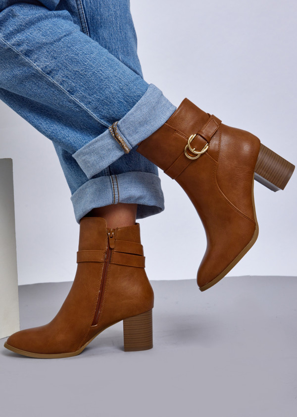 Tan Ankle Boots with Gold Buckle Detail 1