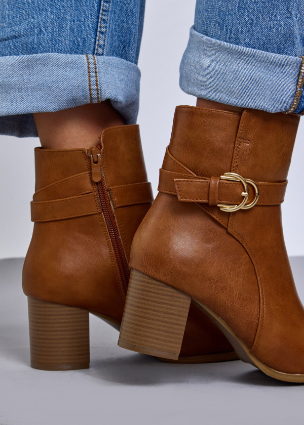 Tan Ankle Boots with Gold Buckle Detail 2