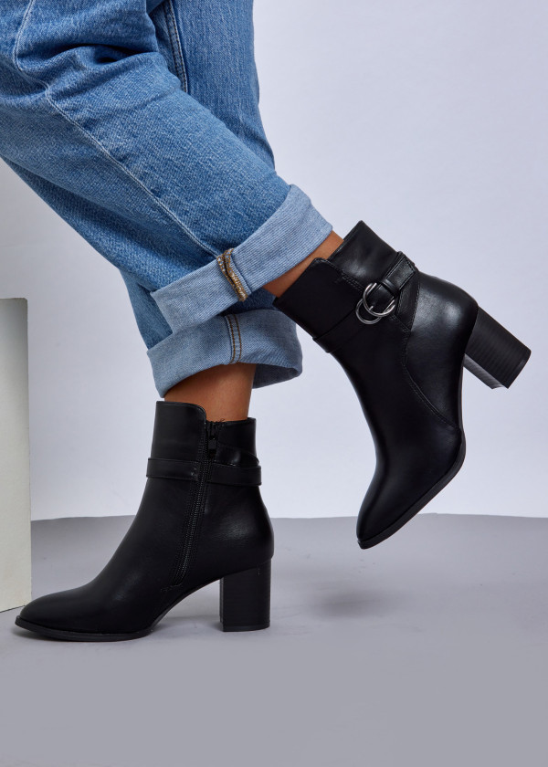 Black Ankle Boots with Gold Buckle Detail 1