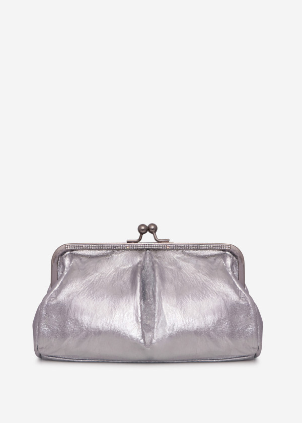 Silver Satin Clutch with Rhinestone Detailing