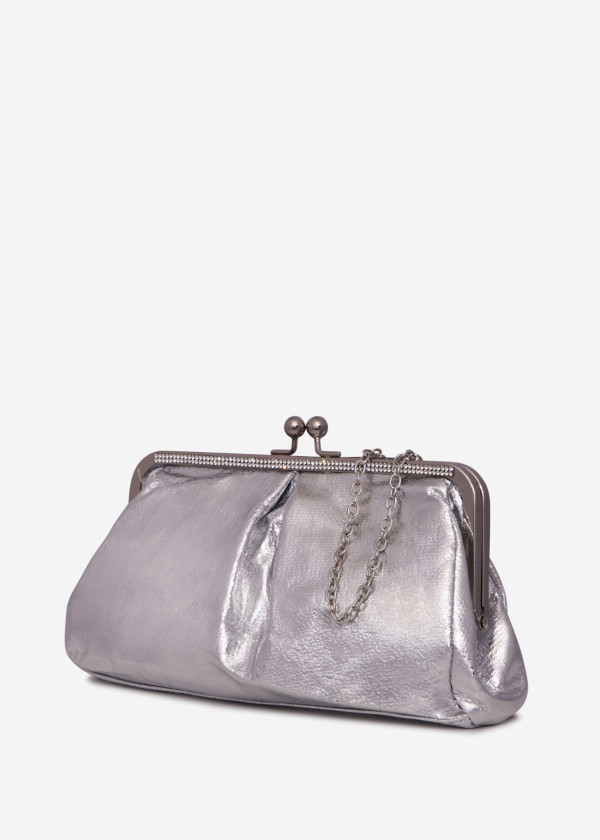 Silver Satin Clutch with Rhinestone Detailing 1