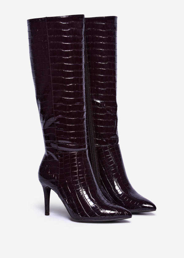 Glossy Brown Croc-Embossed Stiletto Boots