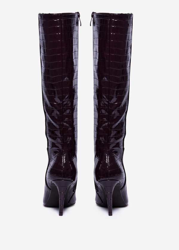 Glossy Brown Croc-Embossed Stiletto Boots 2