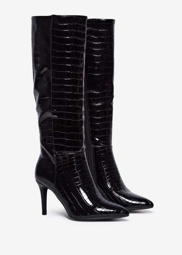 Glossy Black Croc-Embossed Stiletto Boots