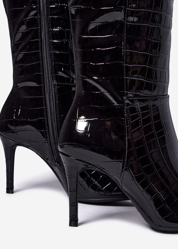 Glossy Black Croc-Embossed Stiletto Boots 1