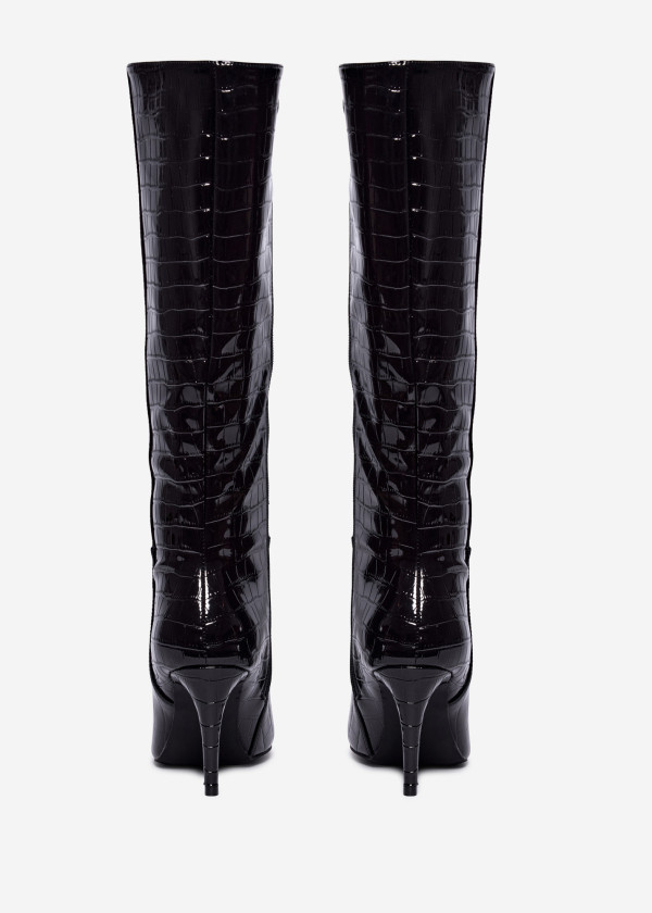 Glossy Black Croc-Embossed Stiletto Boots 2