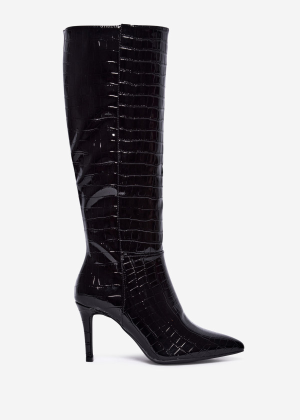 Glossy Black Croc-Embossed Stiletto Boots 3