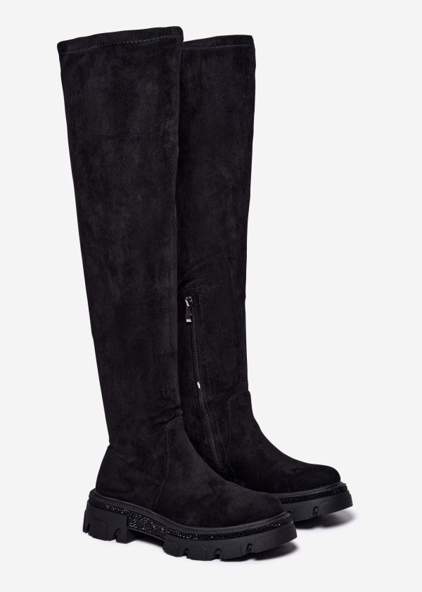 Black Suede Over-the-Knee Lug-Sole Boots