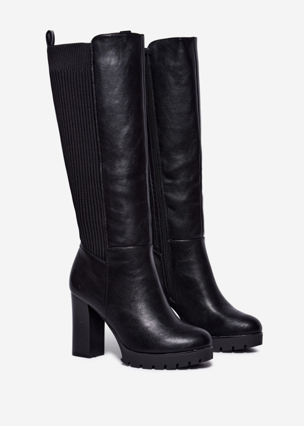 Black Knee High Block Heel Boots