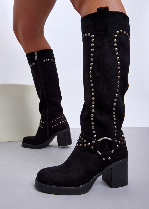 Black Western-Inspired Studded Knee-High Boots