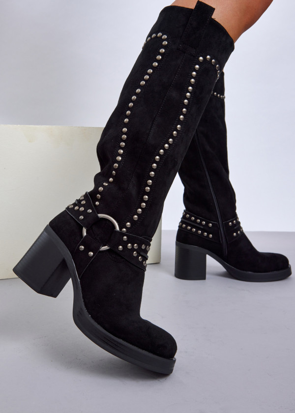 Black Western-Inspired Studded Knee-High Boots 1