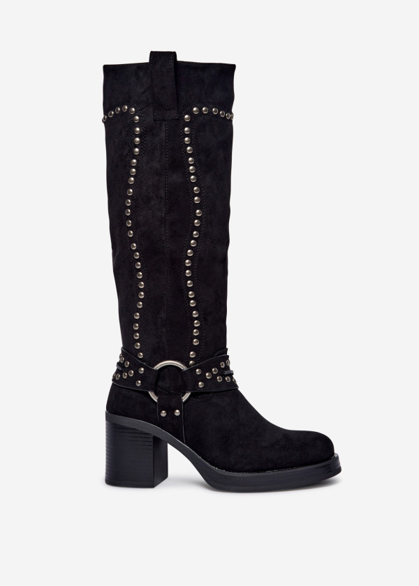 Black Western-Inspired Studded Knee-High Boots 2