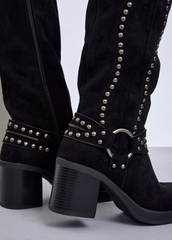 Black Western-Inspired Studded Knee-High Boots 3