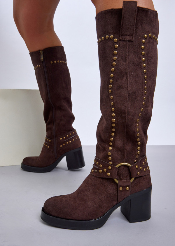 Brown Western-Inspired Studded Knee-High Boots