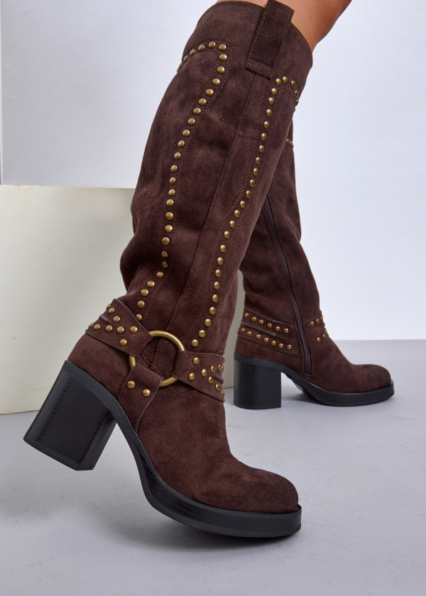 Brown Western-Inspired Studded Knee-High Boots 1