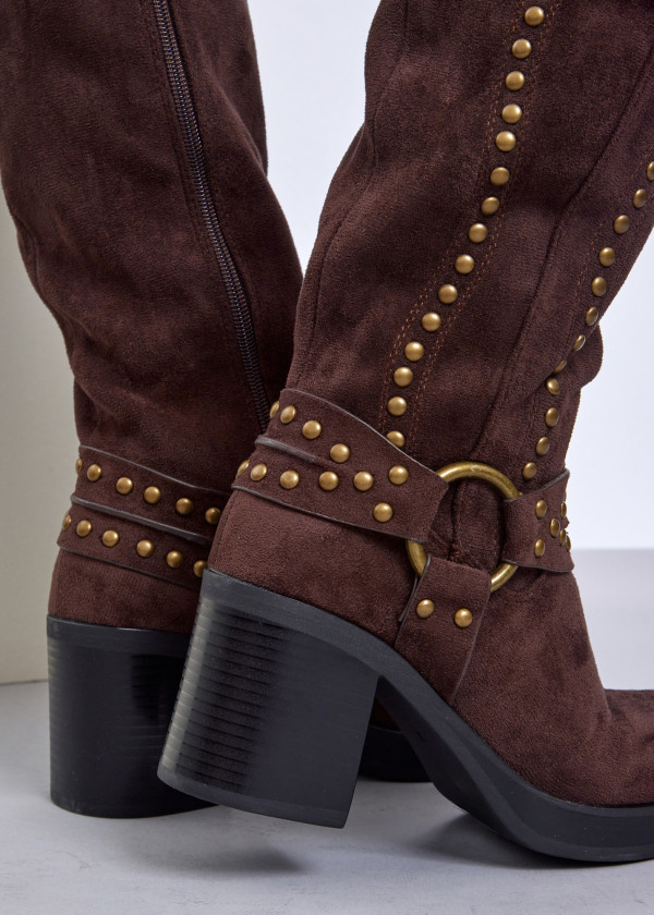 Brown Western-Inspired Studded Knee-High Boots 2