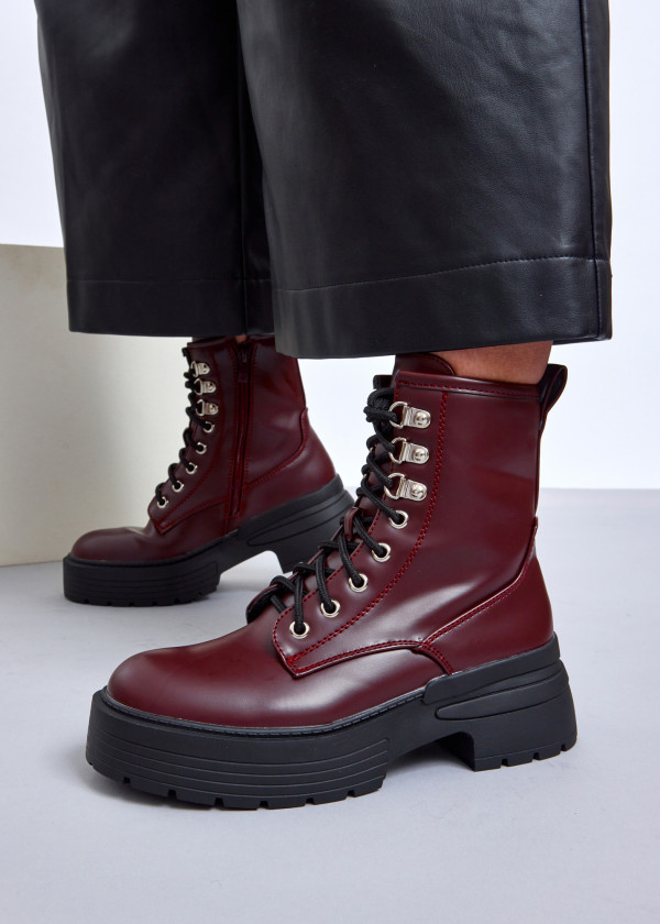 Wine Combat Platform Boots