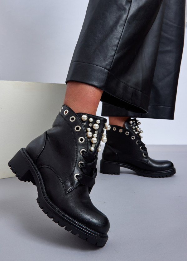 Black Pearl-Embellished Combat Boots 1