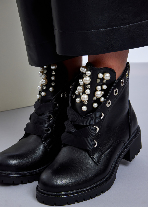 Black Pearl-Embellished Combat Boots 2