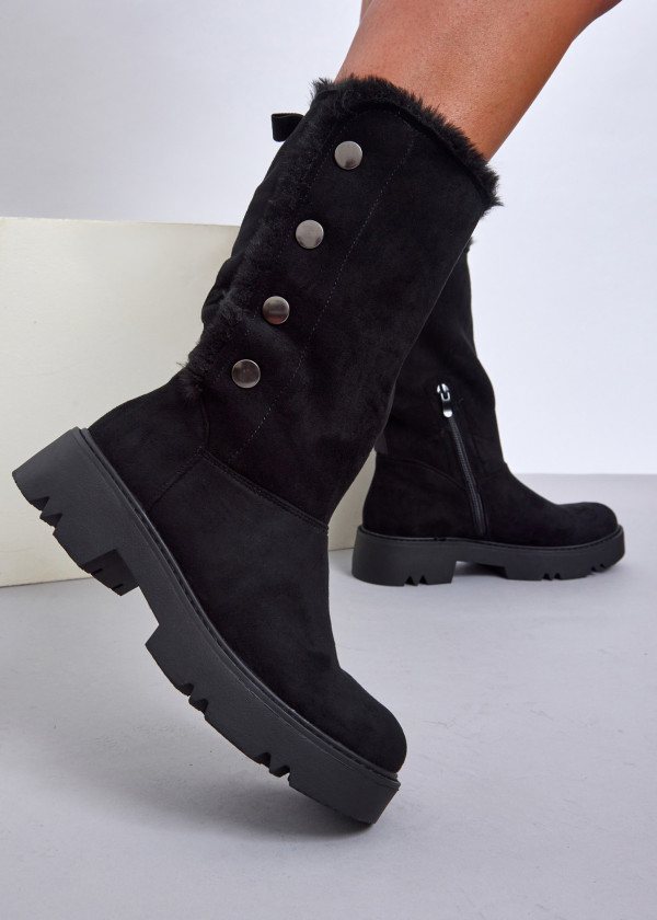 Black Mid-Calf Boots with Metal Button Details 2