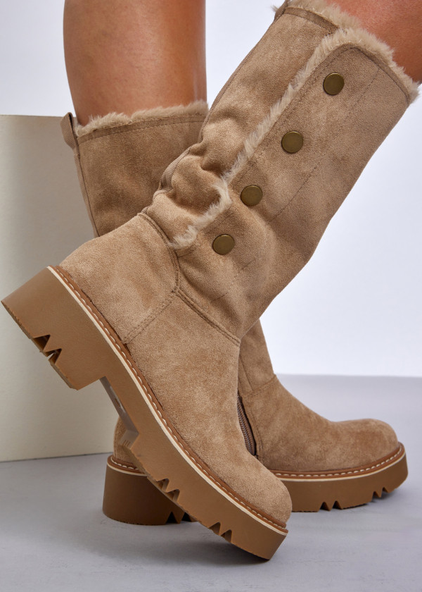 Khaki Mid-Calf Boots with Metal Button Details 1