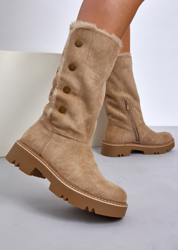 Khaki Mid-Calf Boots with Metal Button Details 2