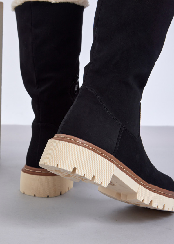 Black Boots with Contrast Sole and Shearling Trim 1