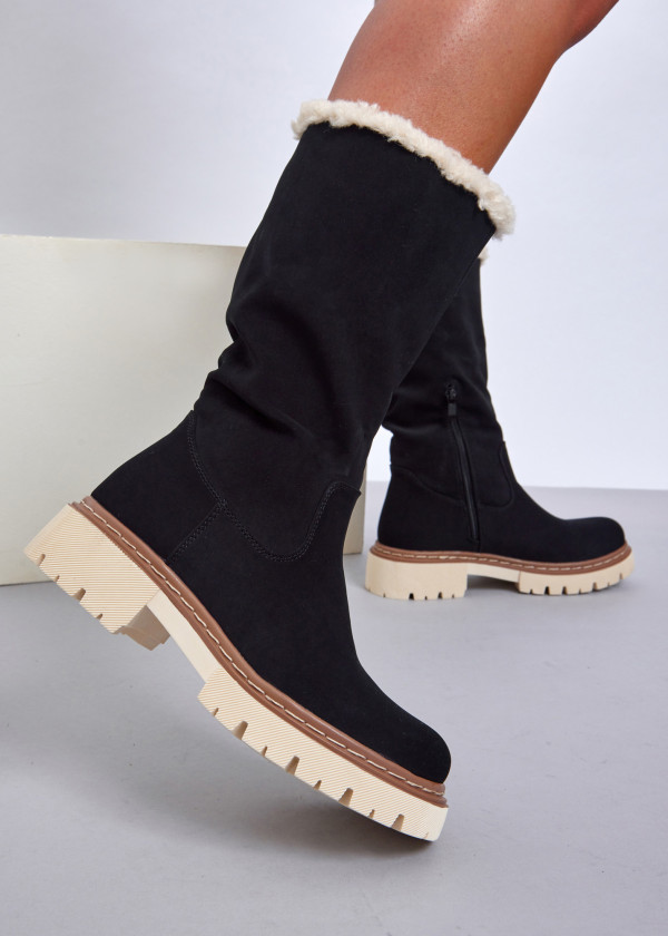 Black Boots with Contrast Sole and Shearling Trim 2